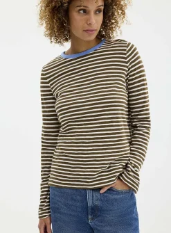 Contrasting collar striped slub T-shirt