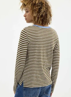 Contrasting collar striped slub T-shirt