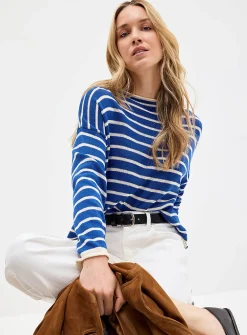 Contrasting rolled trim striped sweater