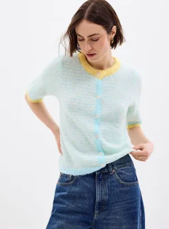 Contrasting trim striped fuzzy cardigan