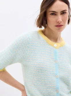 Contrasting trim striped fuzzy cardigan