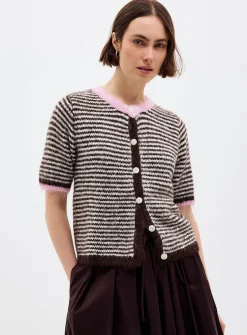 Contrasting trim striped fuzzy cardigan