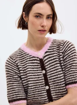 Contrasting trim striped fuzzy cardigan