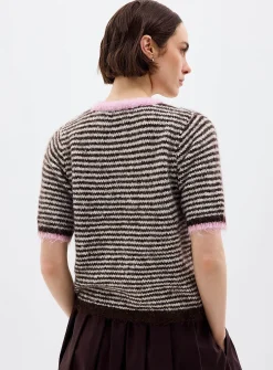 Contrasting trim striped fuzzy cardigan