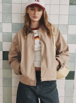 Corduroy-collar zip-up twill jacket