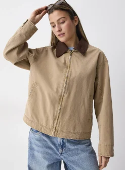 Corduroy-collar zip-up twill jacket