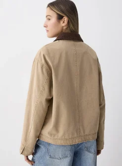 Corduroy-collar zip-up twill jacket