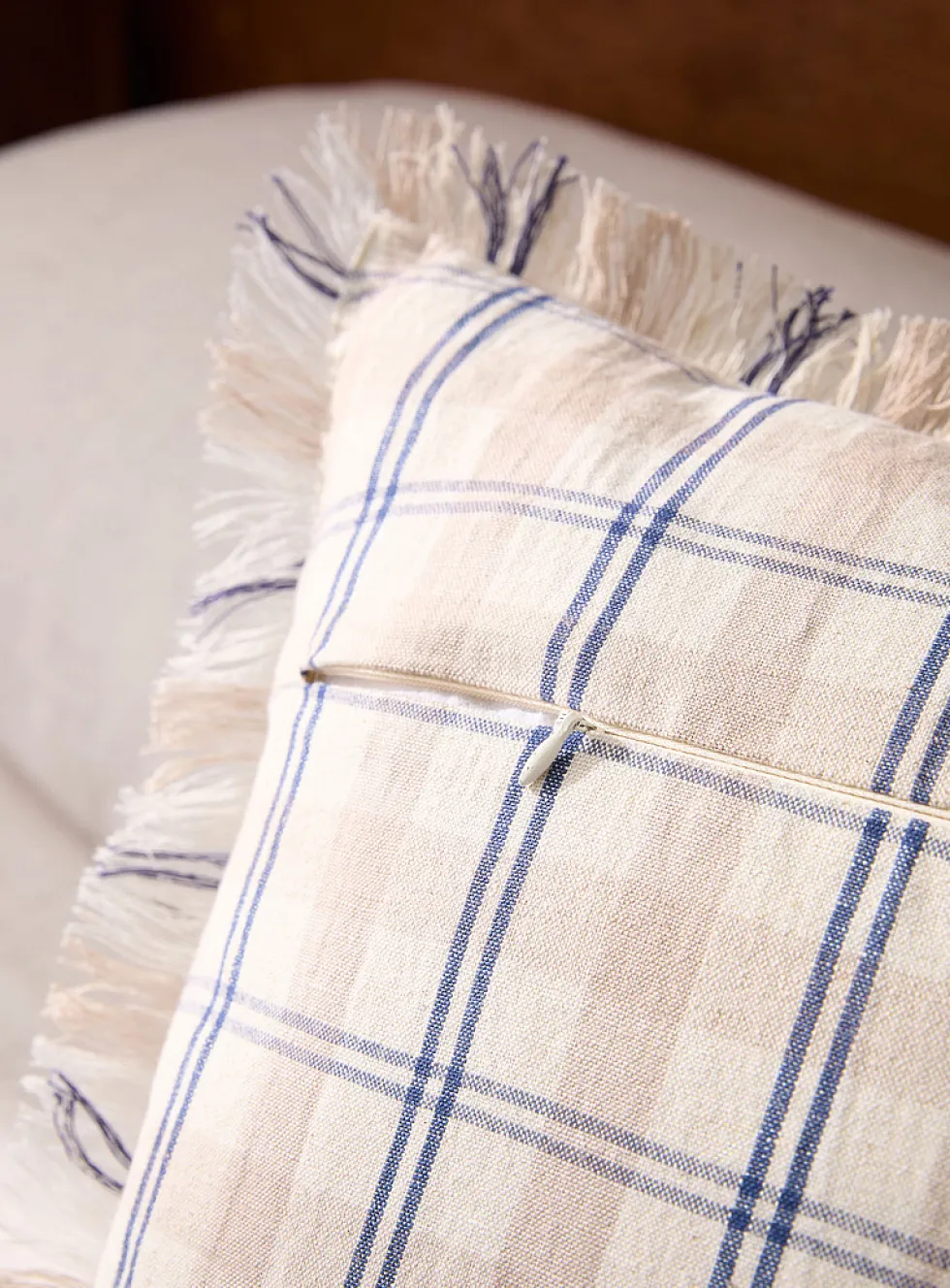 Country checks linen-blend removable-cover cushion