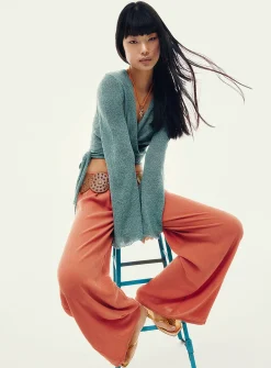Crinkled elastic-waist wide-leg pant