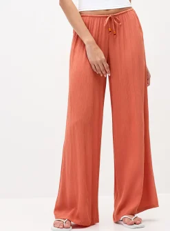 Crinkled elastic-waist wide-leg pant