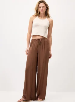 Crinkled elastic-waist wide-leg pant