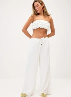 Crinkled elastic-waist wide-leg pant