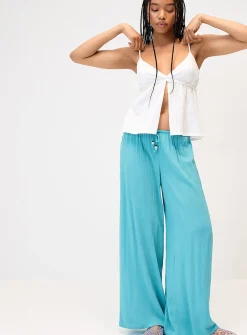 Crinkled elastic-waist wide-leg pant