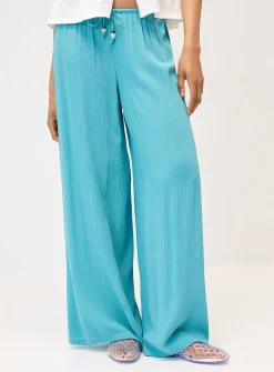 Crinkled elastic-waist wide-leg pant
