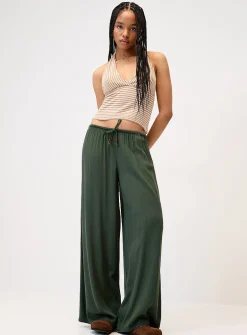 Crinkled elastic-waist wide-leg pant