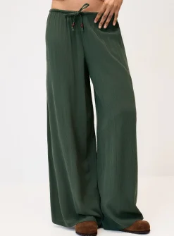 Crinkled elastic-waist wide-leg pant