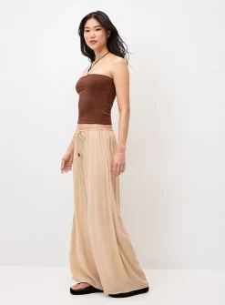 Crinkled elastic-waist wide-leg pant