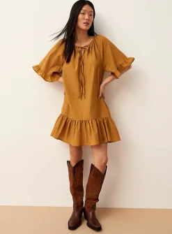 Crinkled texture ruffle-trim minidress