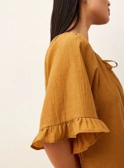 Crinkled texture ruffle-trim minidress
