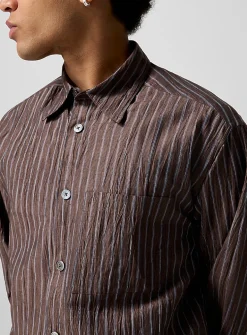 Crinkled texture striped brown shirt