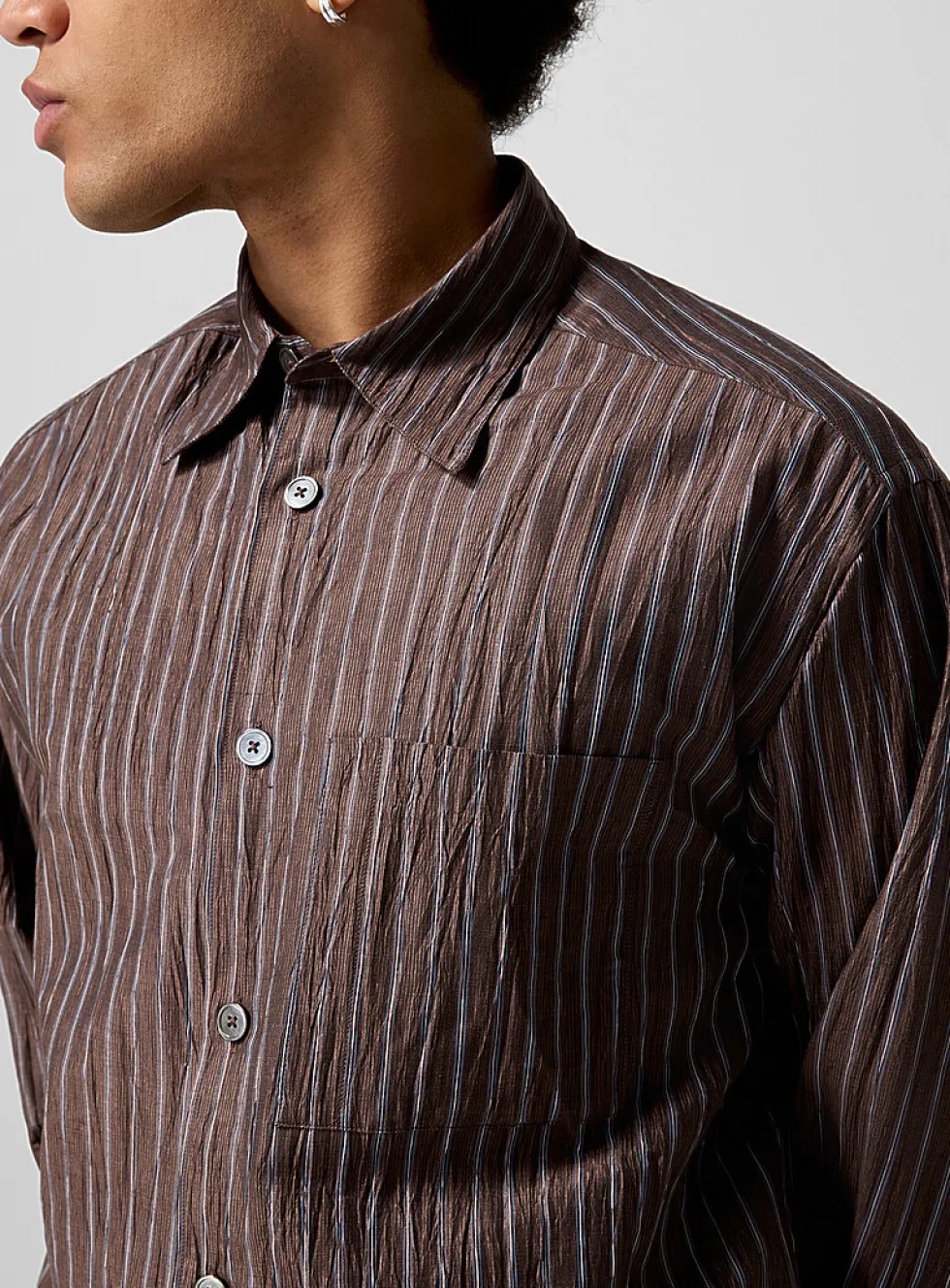 Crinkled texture striped brown shirt