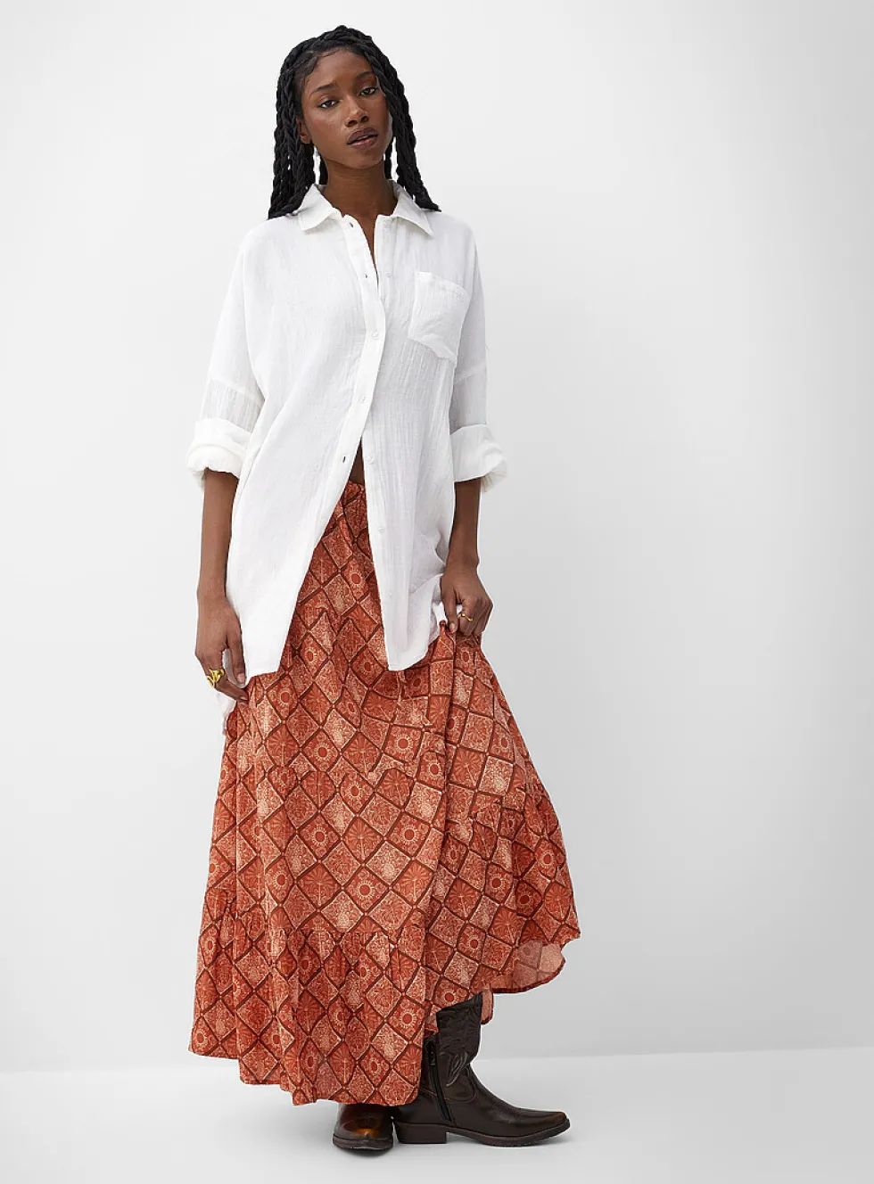 Crinkled tiered maxi skirt