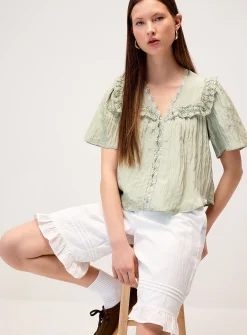 Crinkled-effect crochet details blouse