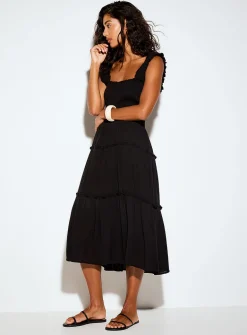 Crinkled-texture smocked-bust tiered dress
