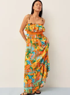 Crinkled-texture tie-strap ruffled maxi dress