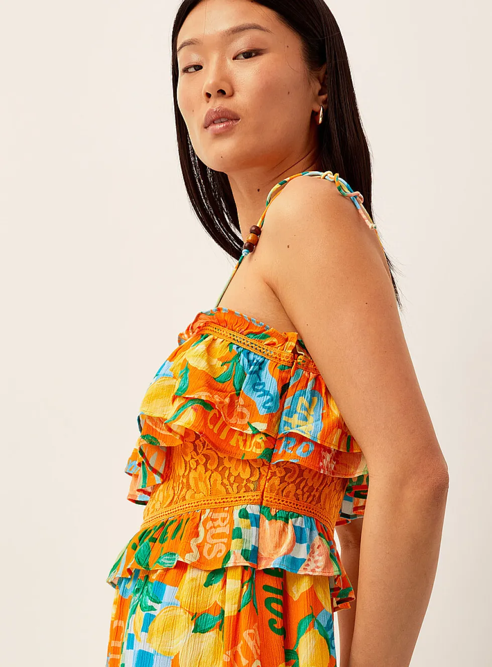 Crinkled-texture tie-strap ruffled maxi dress