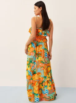 Crinkled-texture tie-strap ruffled maxi dress
