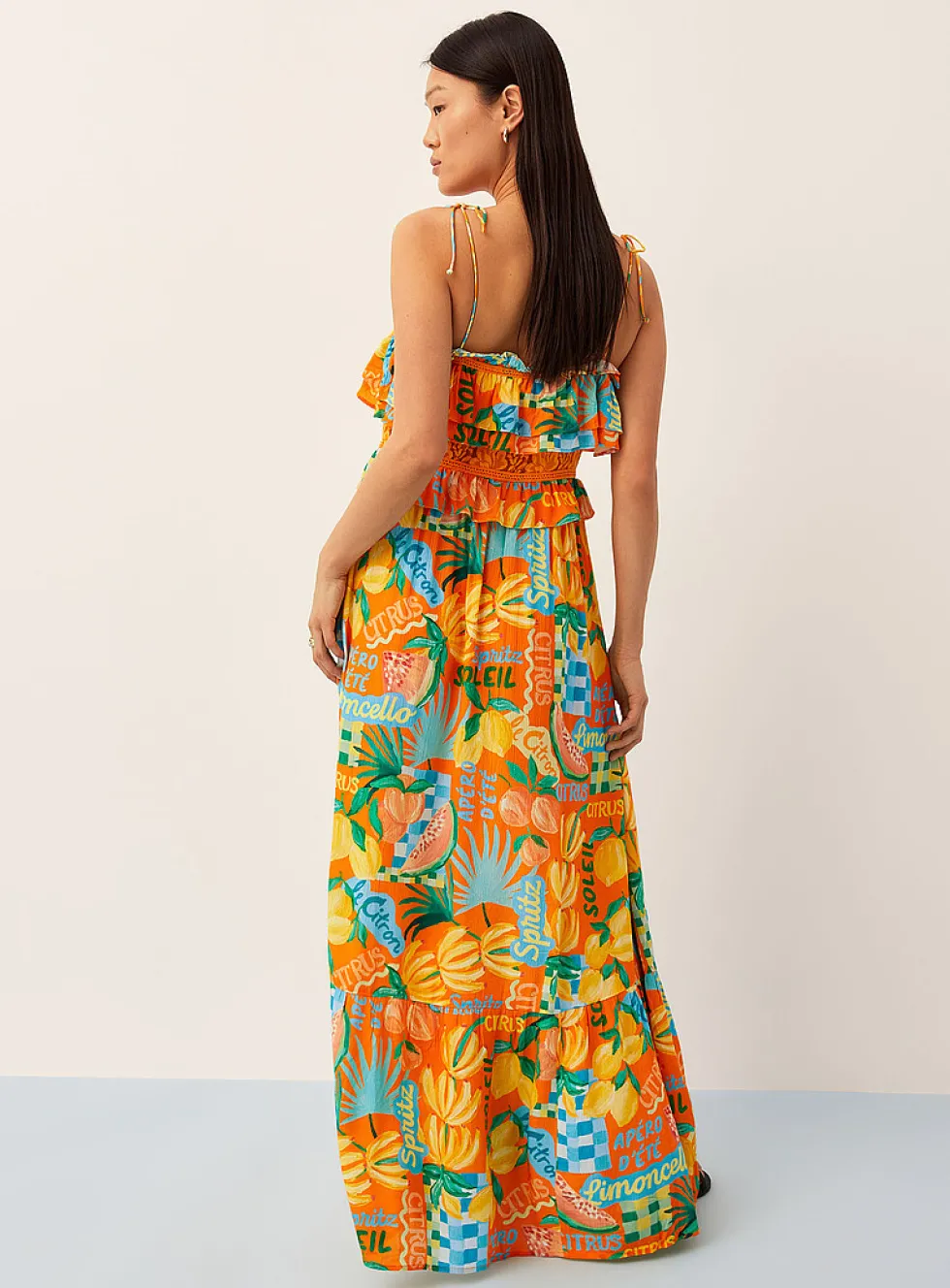 Crinkled-texture tie-strap ruffled maxi dress