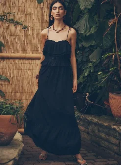 Crinkled-texture tie-strap ruffled maxi dress