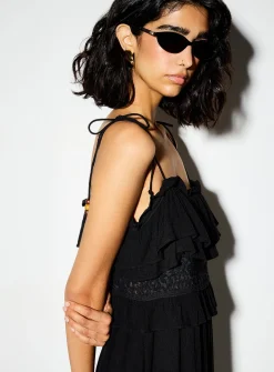 Crinkled-texture tie-strap ruffled maxi dress