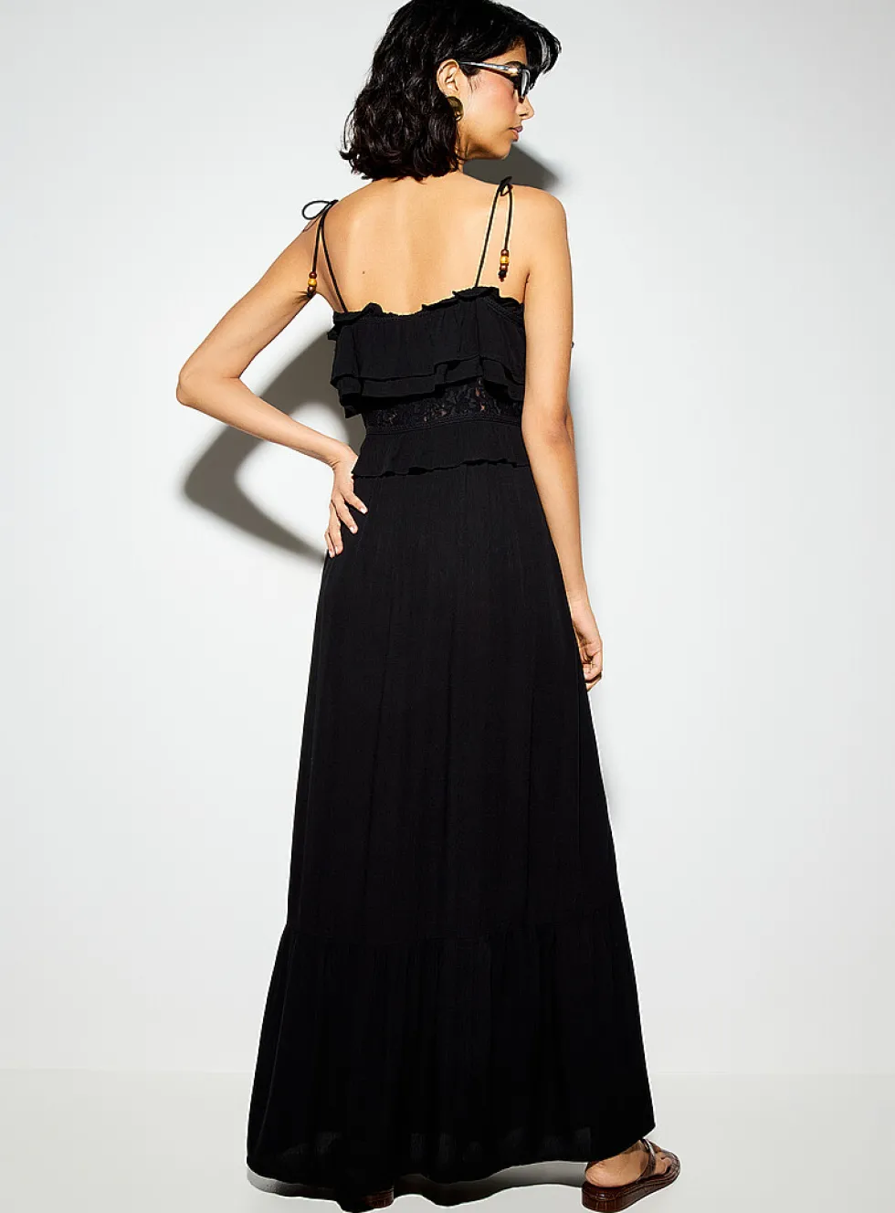 Crinkled-texture tie-strap ruffled maxi dress
