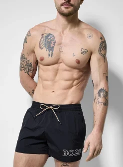 Crisp nylon-feel solid cropped swim trunk