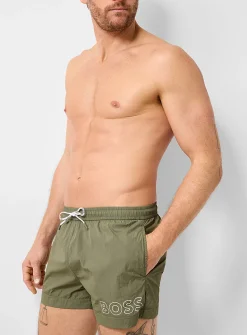 Crisp nylon-feel solid cropped swim trunk