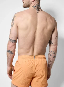 Crisp nylon-feel solid cropped swim trunk