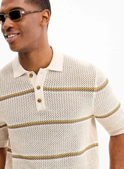 Crochet knit striped polo