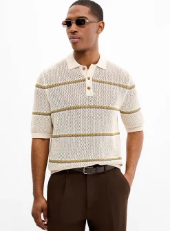 Crochet knit striped polo