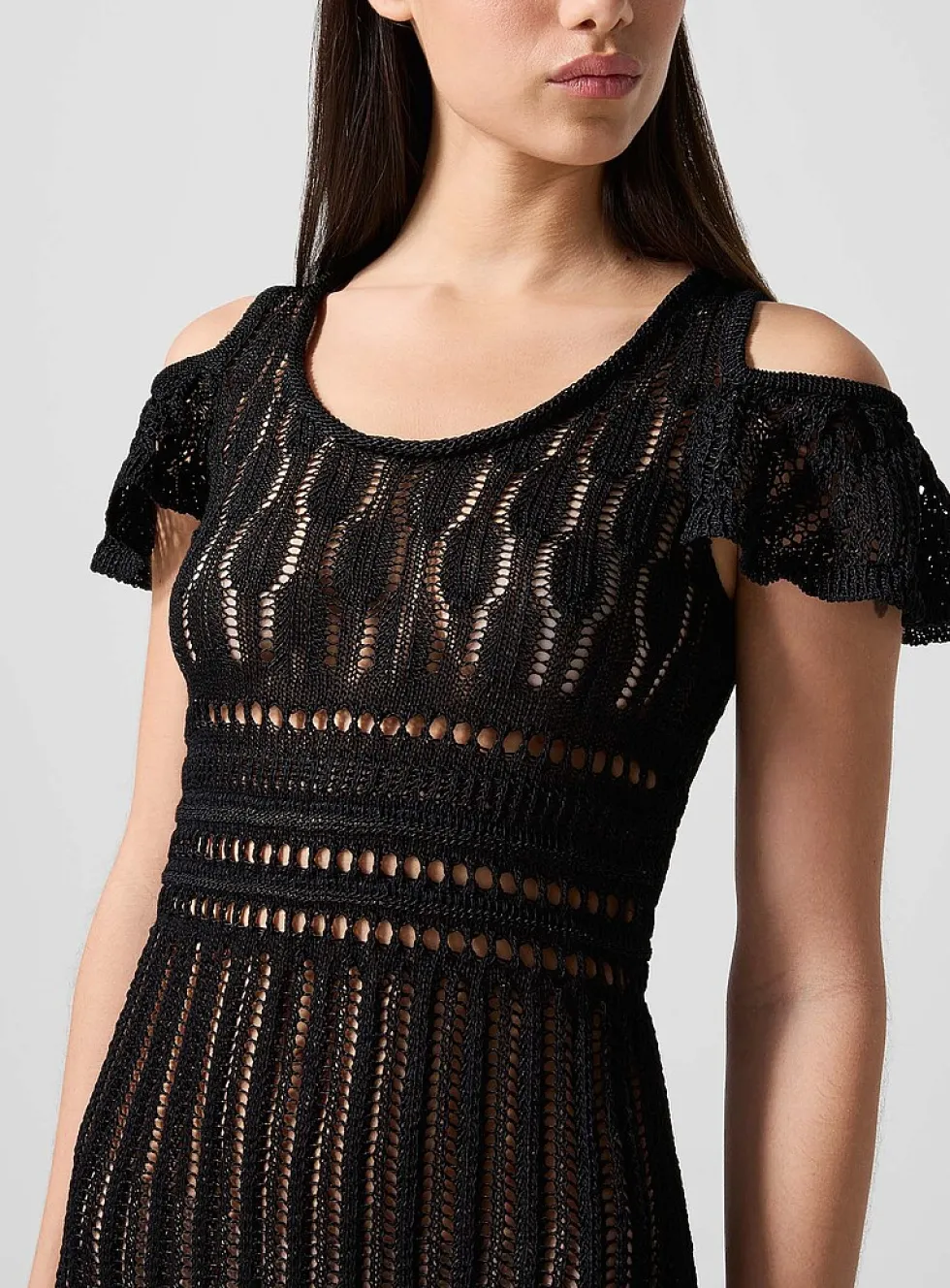 Crochet midi dress with ruffled sleeves
