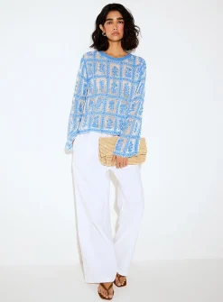 Crocheted blue flowers openwork sweater