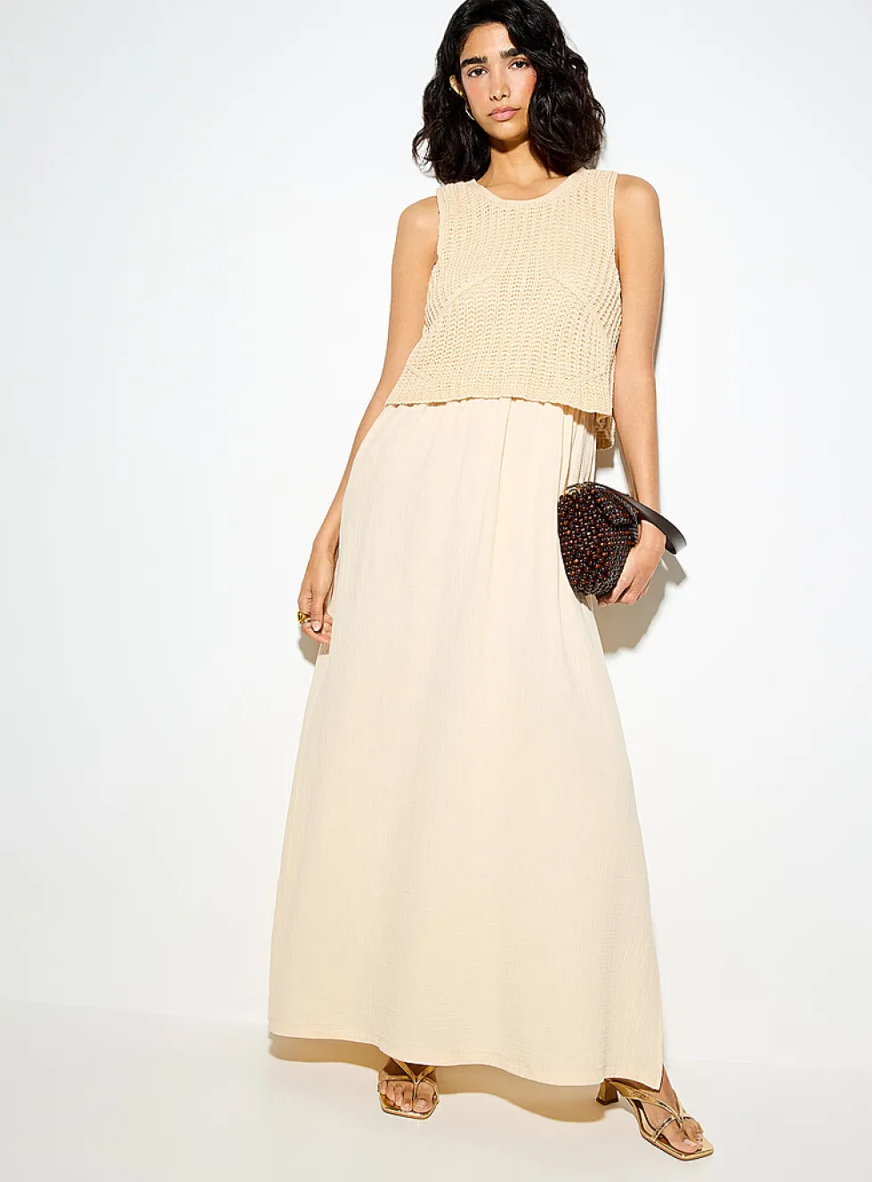 Crocheted cami pure cotton gauze maxi dress