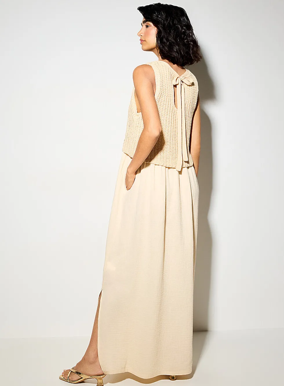 Crocheted cami pure cotton gauze maxi dress