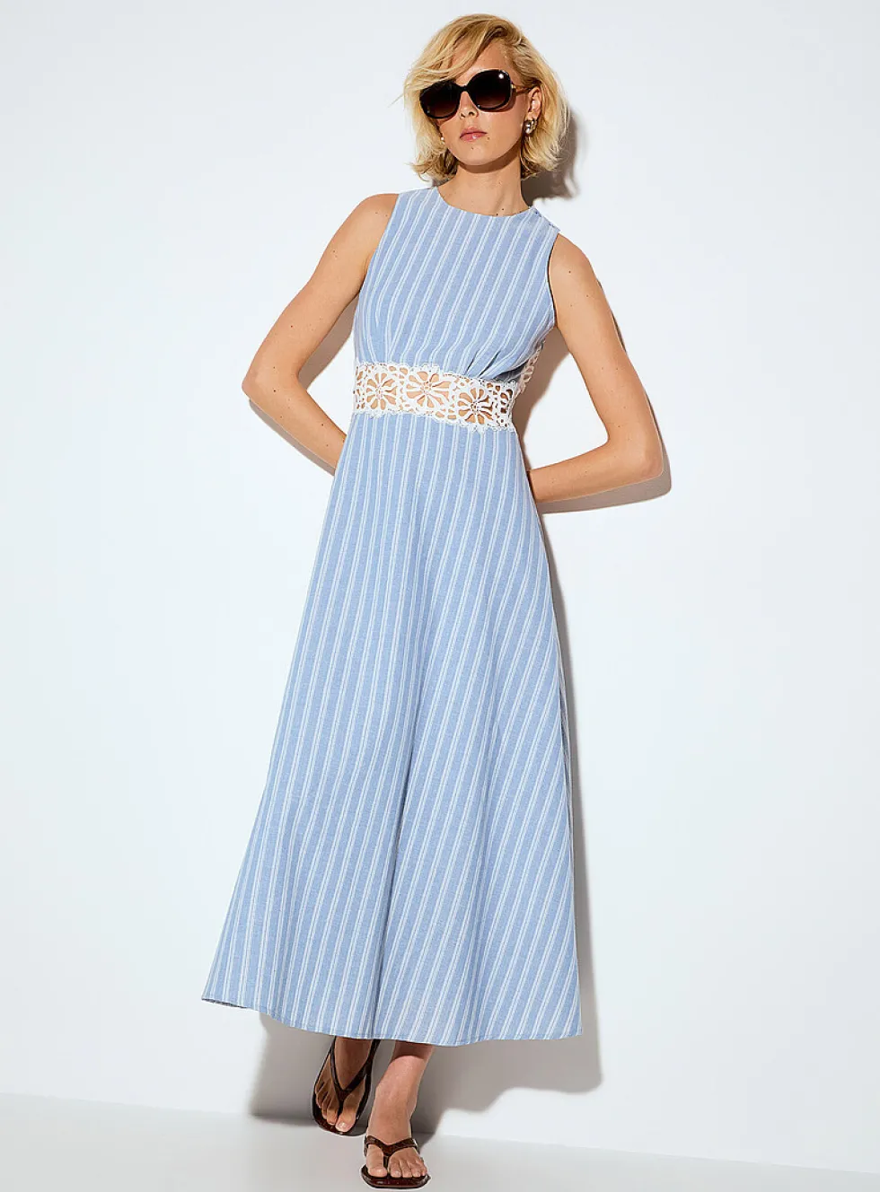 Crocheted details open-back stripes maxi dress
