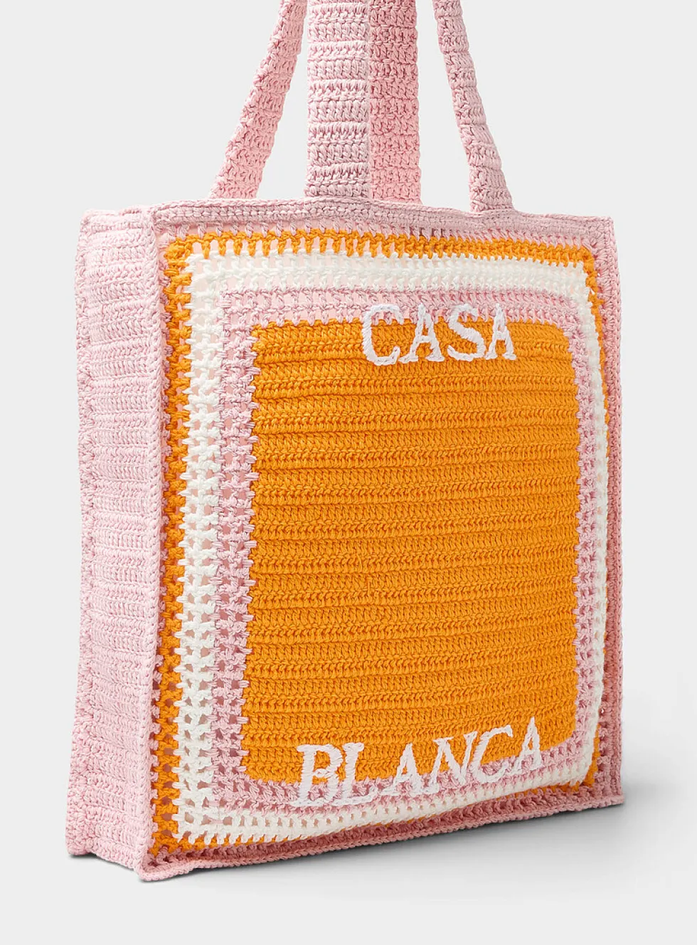 Crocheted knit logo tote bag