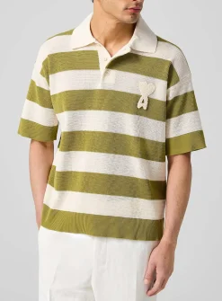Crocheted logo block stripes polo shirt