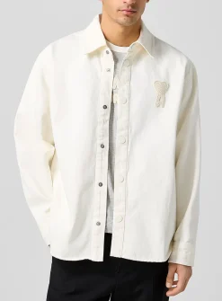 Crocheted logo ivory denim overshirt