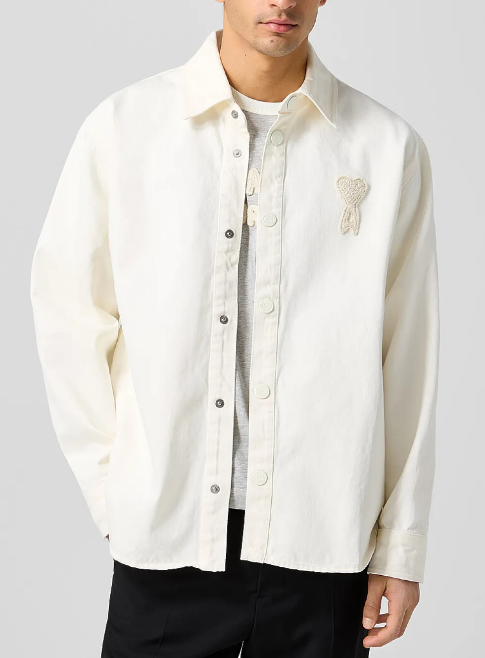 Crocheted logo ivory denim overshirt