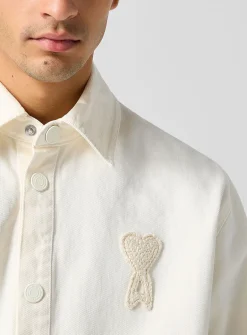 Crocheted logo ivory denim overshirt